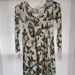 Posh Peanut Camping Cream Dress with Green Tree & Orange Accent Camping Print